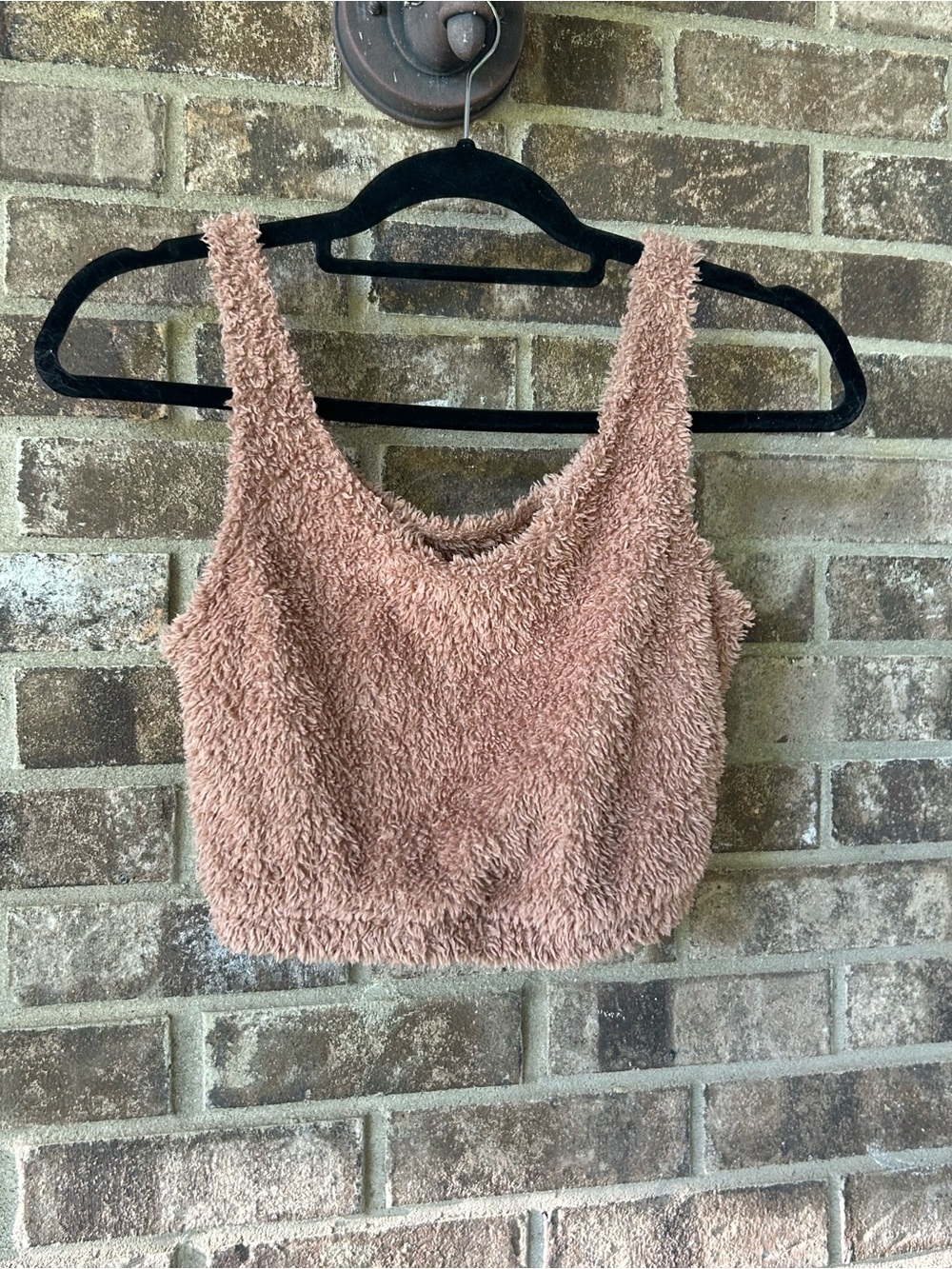🤩 Blush Beige Fuzzy Teddy Crop Tank Top Soft Girl Lounge Y2K Sleeveless XS